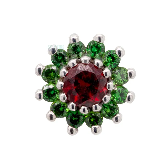 The Rose Threaded End in Gold Holiday Collection with Garnet center Green Tourmaline petals Body Vision BVLA Earrings