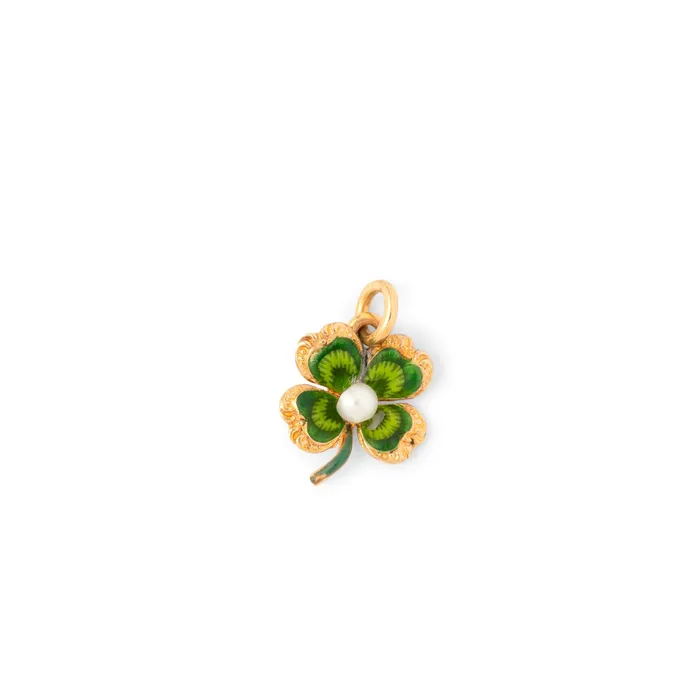 Victorian Enamel Pearl and 18K Gold Clover Charm Vintage Earrings