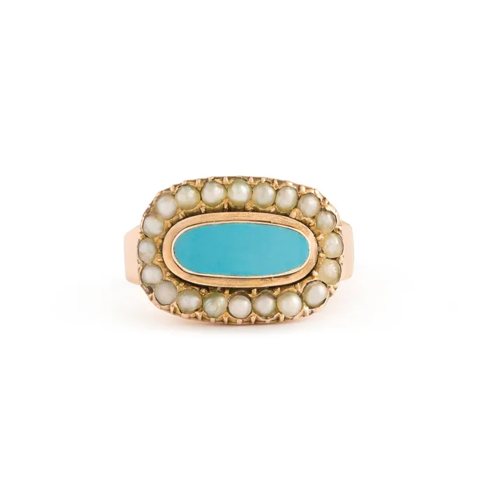 Victorian English Blue Enamel and Pearl 15k Gold Ring Antique Rings