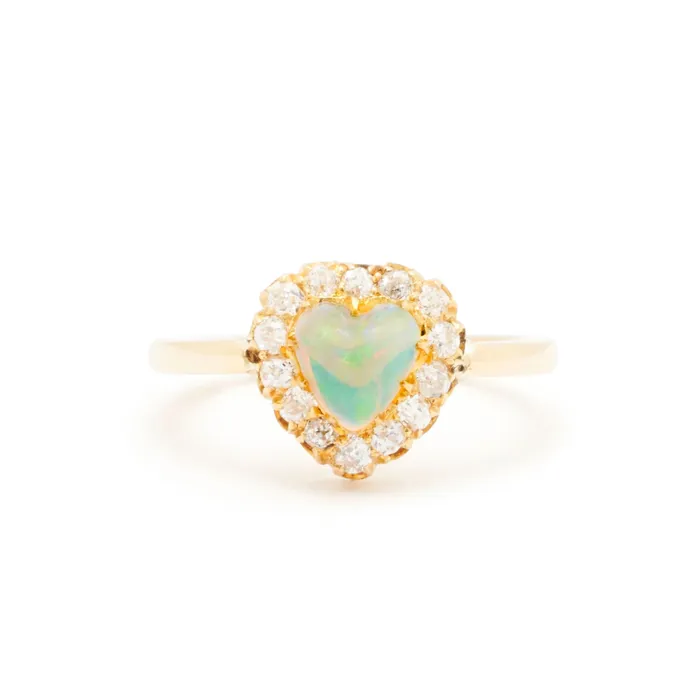 Victorian Opal Heart And Diamond Cluster 14k Gold Ring Antique Rings