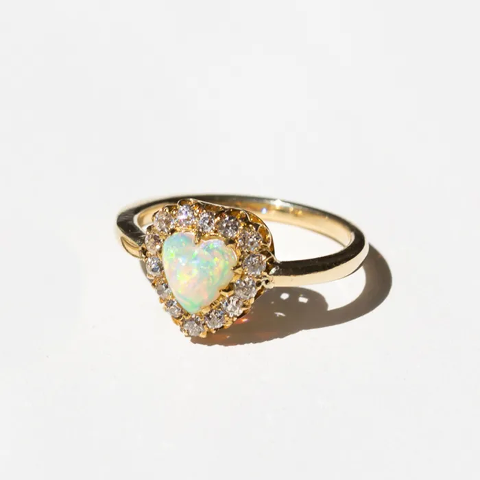 Victorian Opal Heart And Diamond Cluster 14k Gold Ring Antique Rings
