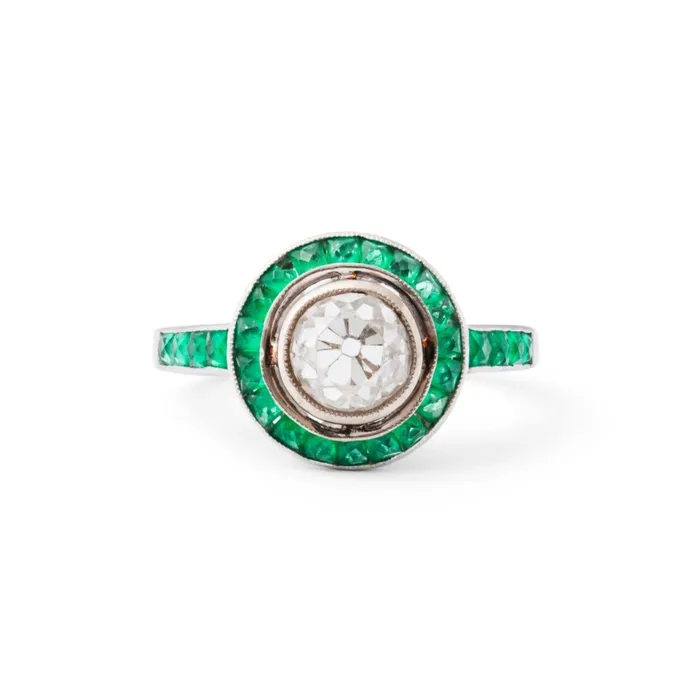 Vintage Art Deco Old European Cut Diamond and Emerald 18k White Gold Ring Rings