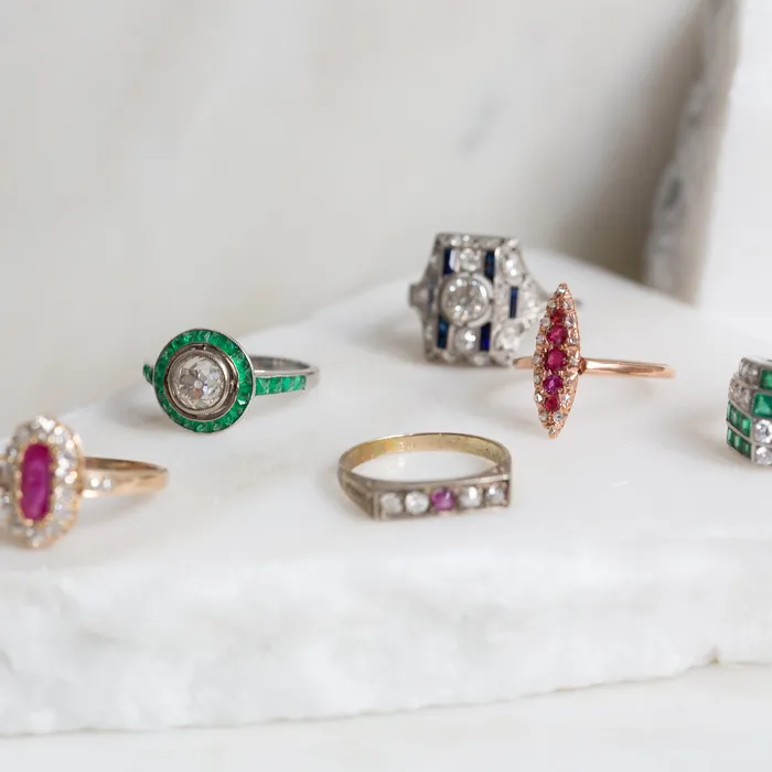 Vintage Art Deco Old European Cut Diamond and Emerald 18k White Gold Ring Rings