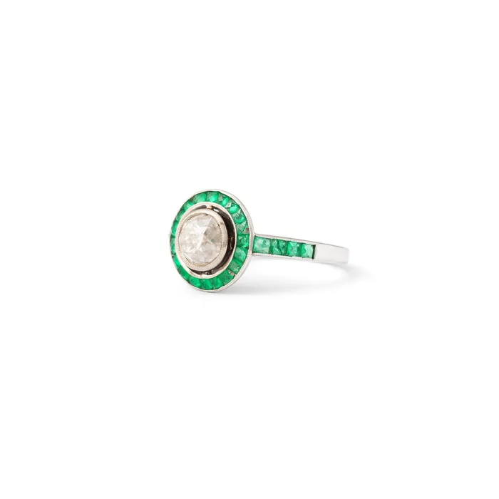 Vintage Art Deco Old European Cut Diamond and Emerald 18k White Gold Ring Rings