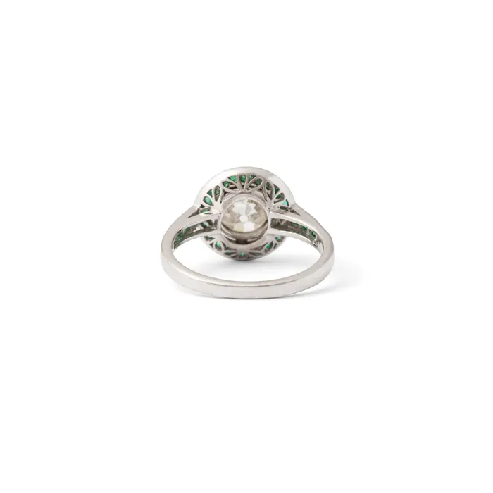 Vintage Art Deco Old European Cut Diamond and Emerald 18k White Gold Ring Rings