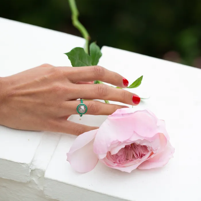 Vintage Art Deco Old European Cut Diamond and Emerald 18k White Gold Ring Rings