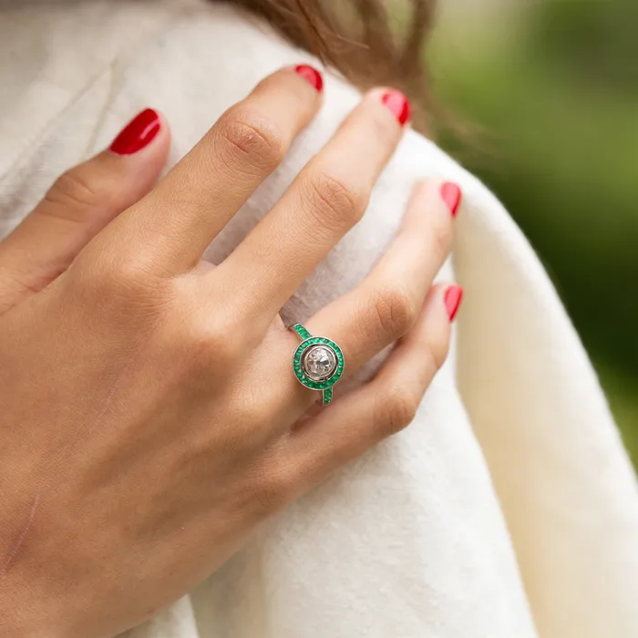 Vintage Art Deco Old European Cut Diamond and Emerald 18k White Gold Ring Rings