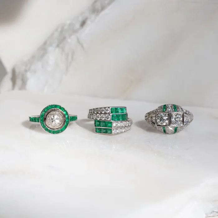 Vintage Art Deco Old European Cut Diamond and Emerald 18k White Gold Ring Rings