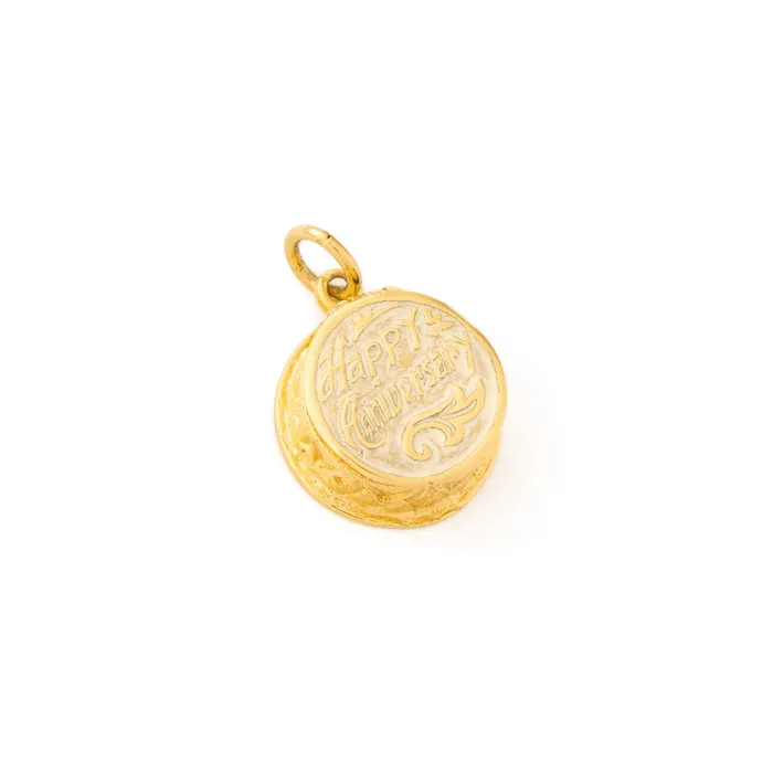 Vintage Earrings Movable Happy Anniversary Cake 14K Gold and Enamel Charm