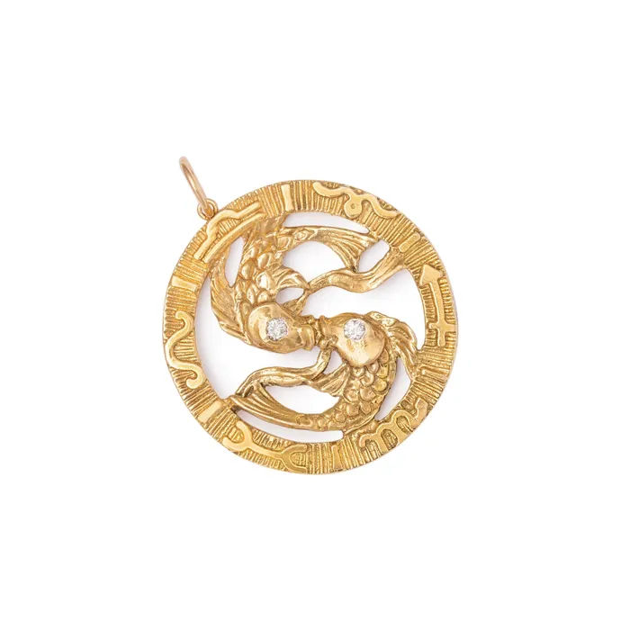 Vintage Earrings Pisces Diamond and 14K Gold Large Charm
