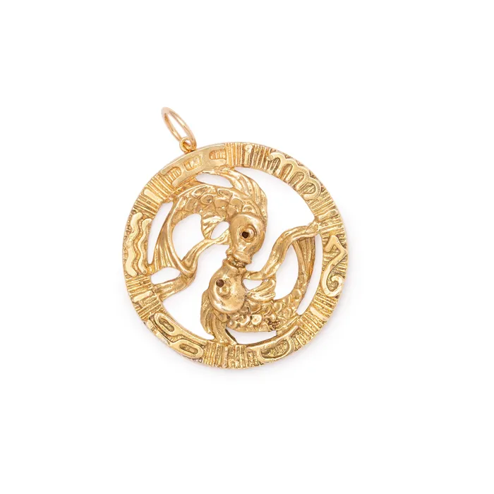Vintage Earrings Pisces Diamond and 14K Gold Large Charm