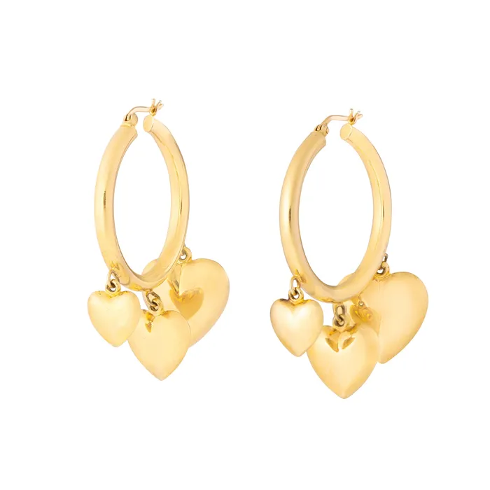 Vintage Earrings Triple Heart Charm 14k Gold Hoop Earrings