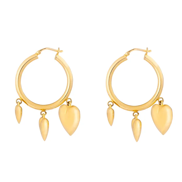 Vintage Earrings Triple Heart Charm 14k Gold Hoop Earrings