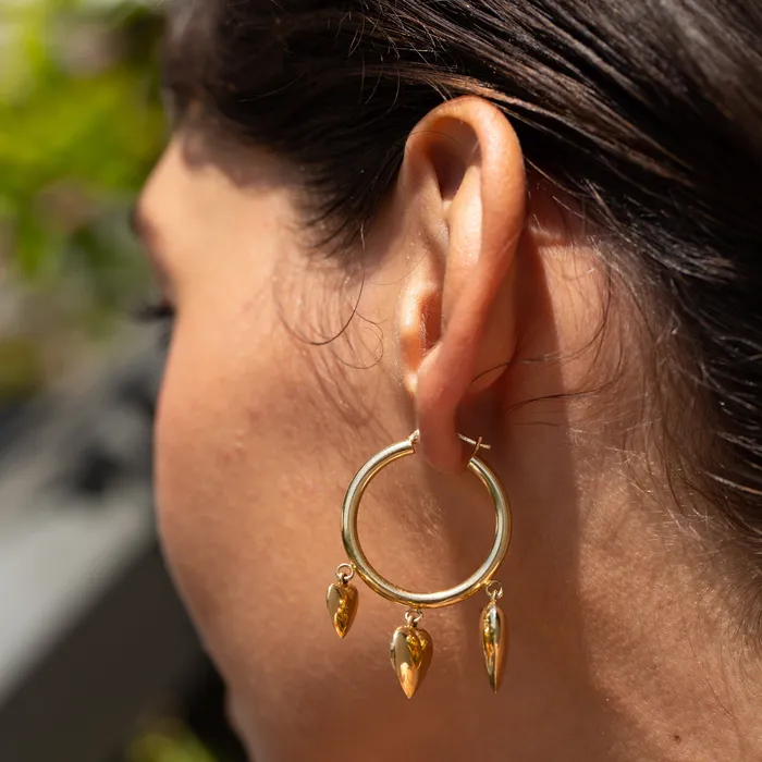 Vintage Earrings Triple Heart Charm 14k Gold Hoop Earrings