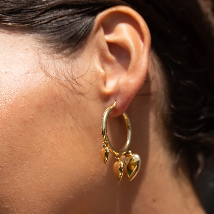 Vintage Earrings Triple Heart Charm 14k Gold Hoop Earrings