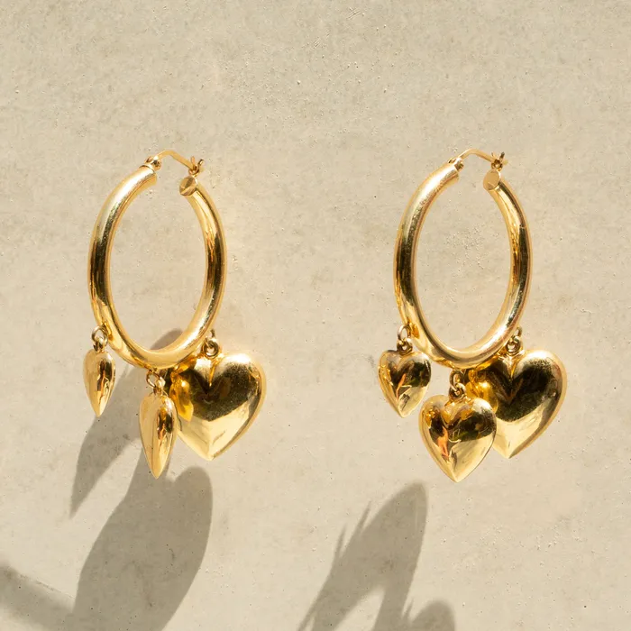 Vintage Earrings Triple Heart Charm 14k Gold Hoop Earrings