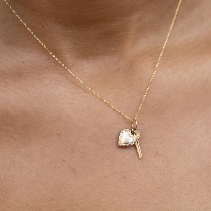 Vintage Necklaces Heart And Key 14k Yellow Gold Charm