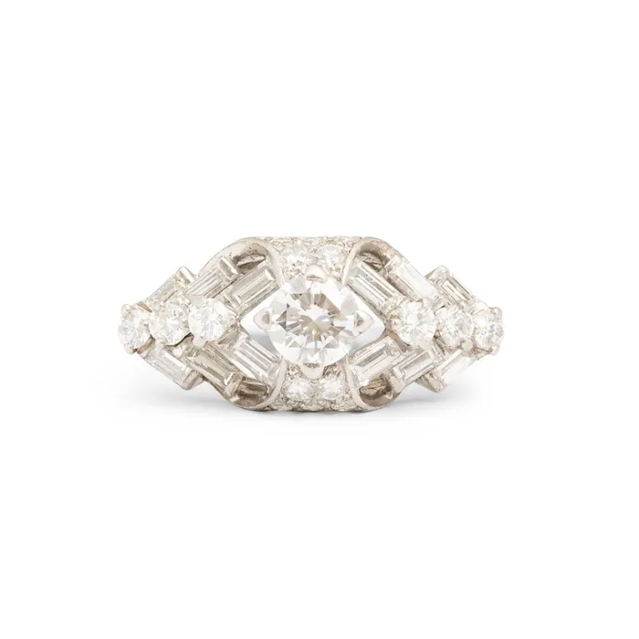 Vintage Rings 1950s Round and Baguette Diamond Platinum Ring